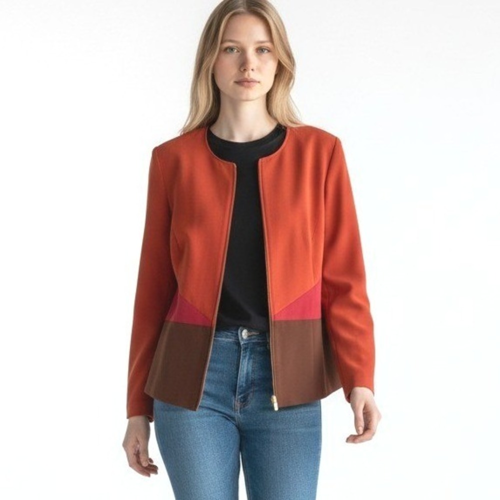 Maggy London Woman Orange Colorblock Zip Front Collarless Blazer Jacket Size 16